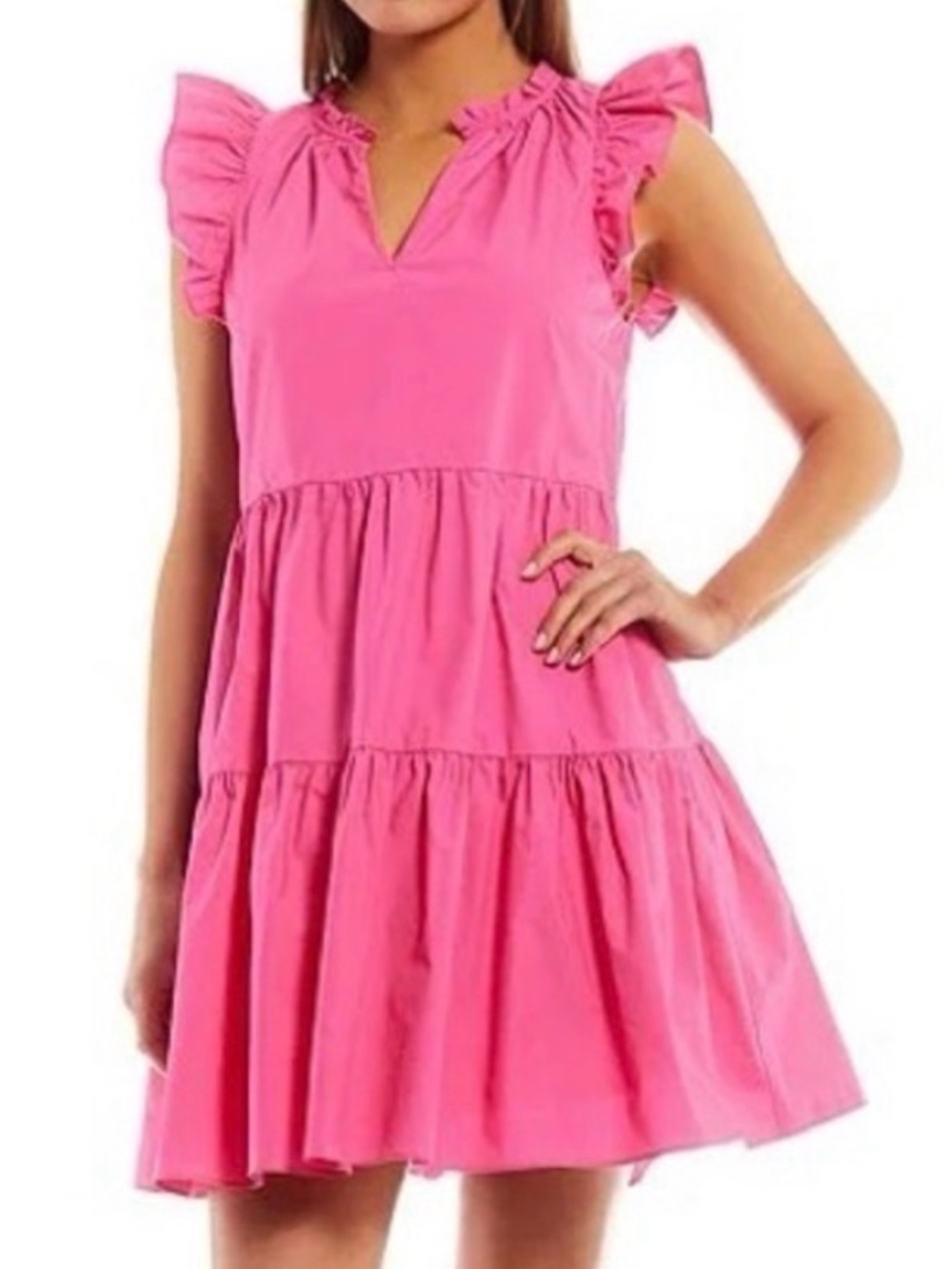Boho Ruffle Sleeve Tiered Mini Dress in Hot Pink